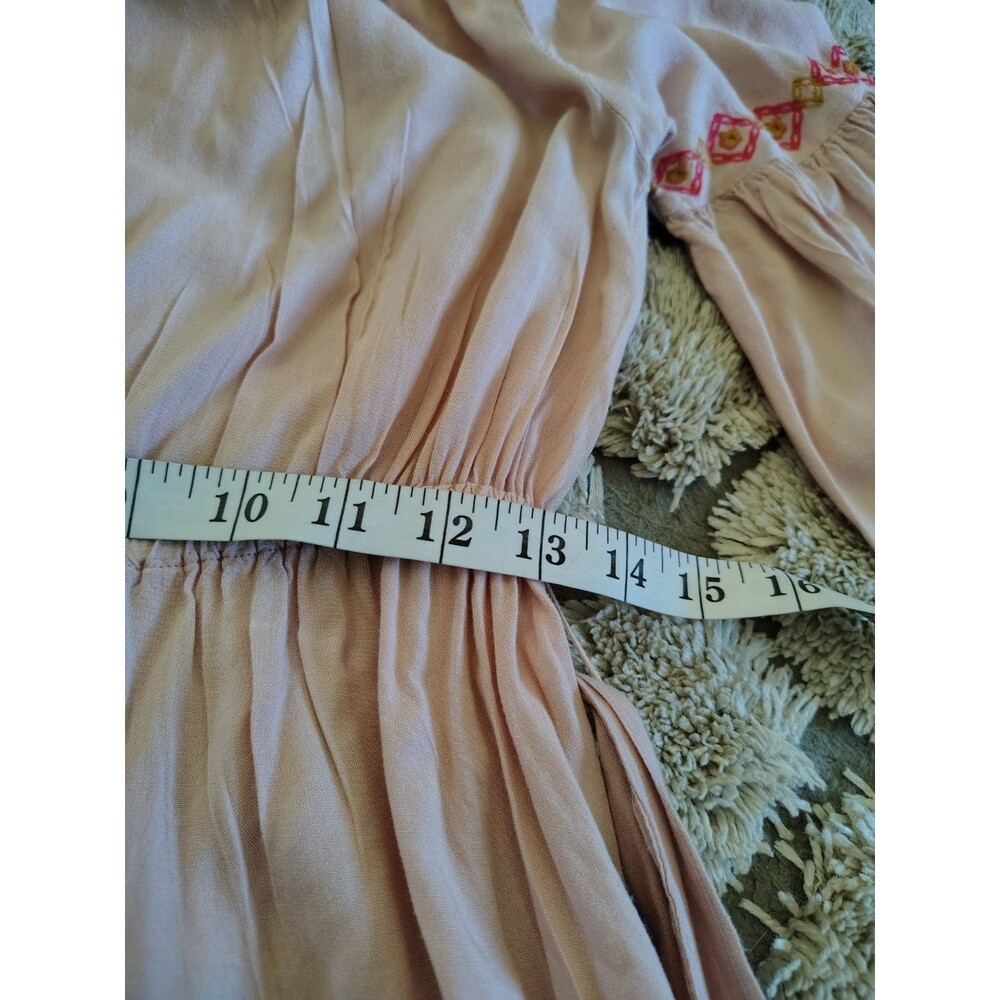 Feathers Dress Size L Pink Embroidered Floral Sleeves Tie Ruffle 100% Rayon - Picture 14 of 16